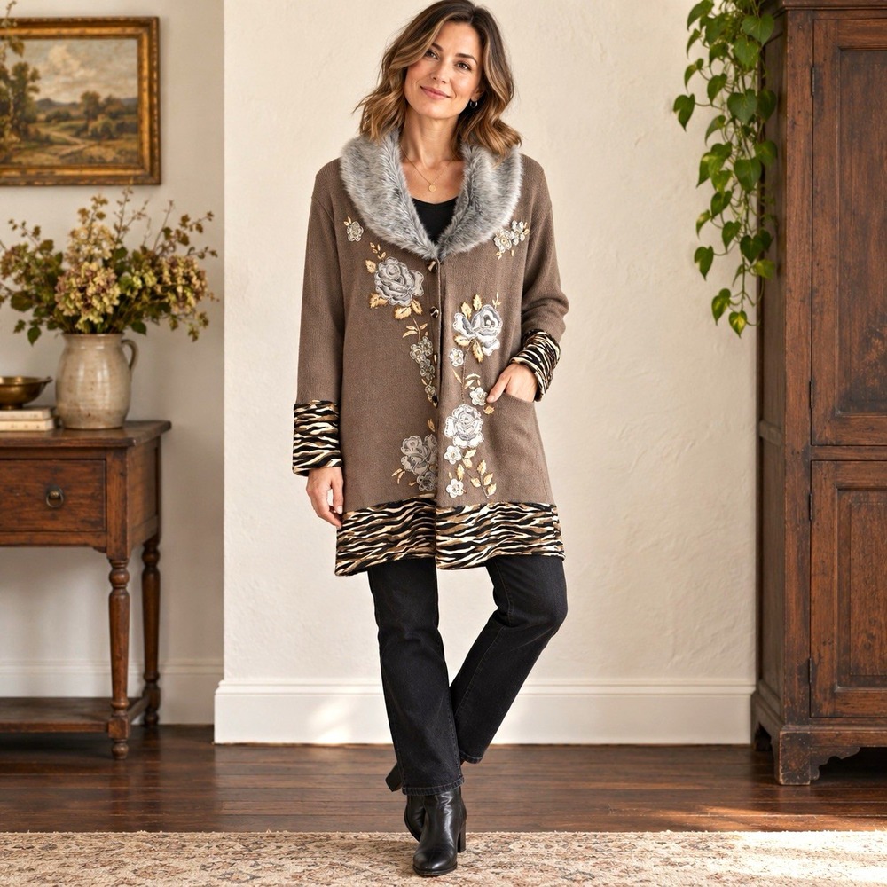 Storybook Knits Cardigan Sweater Faux Fur Collar Beaded Rose Animal Print M HSN